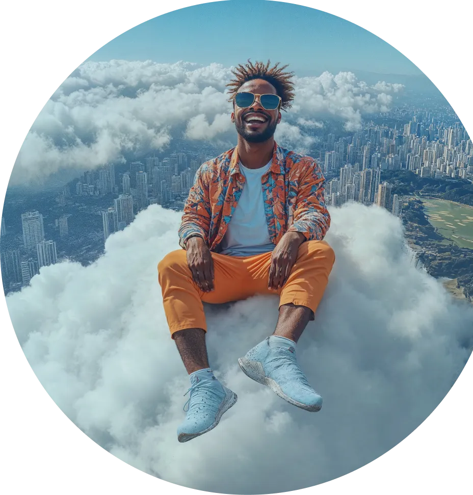 Imagem de um homem sentado em uma nuvem com a cidade de fundo