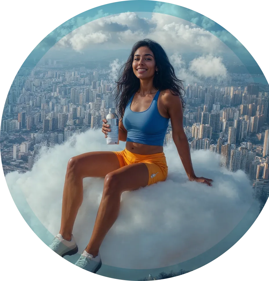 Imagem de um homem sentado em uma nuvem com a cidade de fundo