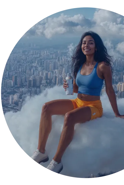 Imagem de mulher sentada em nuvem com a cidade de fundo